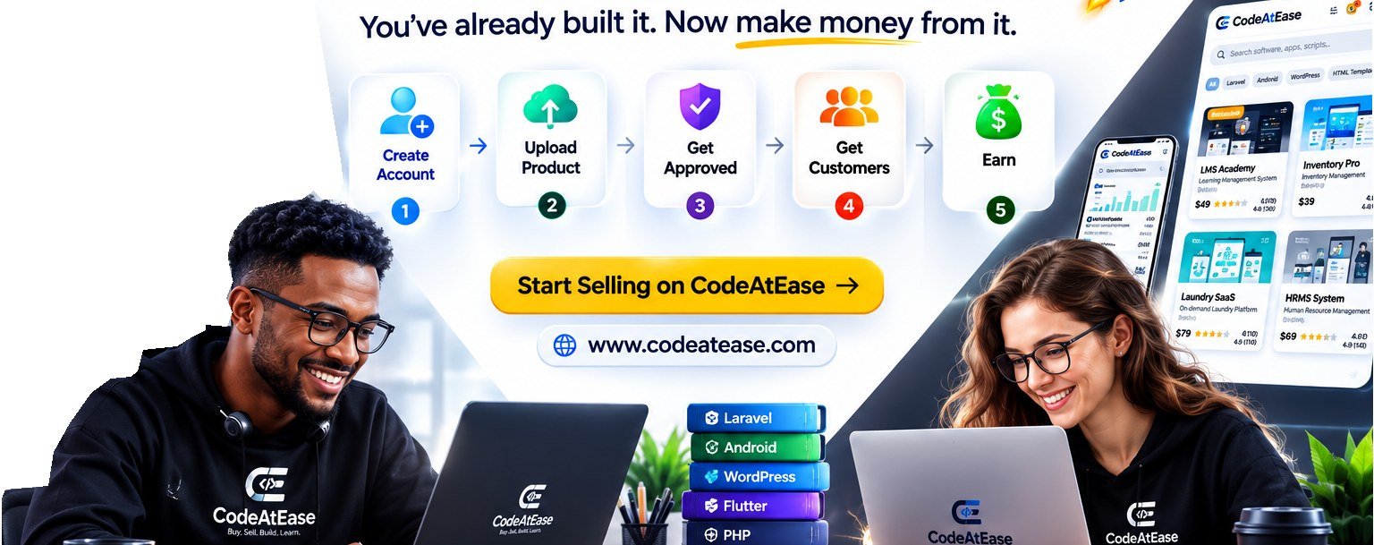 Sell your software on CodeAtEase: create an account, upload your product, get approved, get customers, and earn.